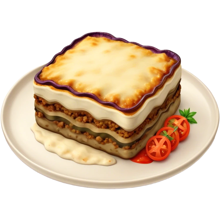 Moussaka Cinematic Realistic Moussaka Dish Emoji, depicted as a rustic serving of moussaka with layers of soft eggplant, ground meat, and a creamy topping featuring a delightfully crispy corner, rendered with rich textures and warm, inviting lighting. emoji