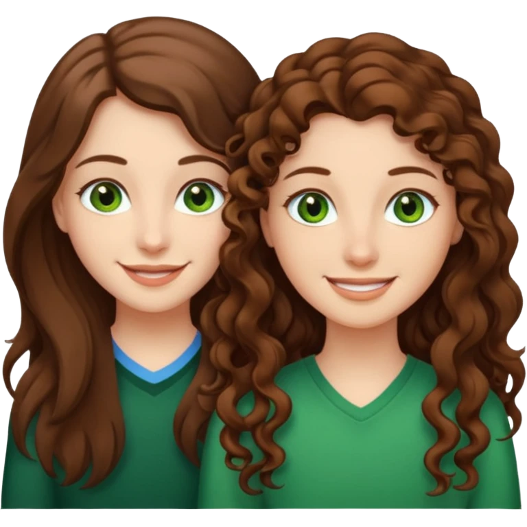 Two besties: 1: long straight brown hair, green eyes 2: long curly brown hair, brown eyes emoji