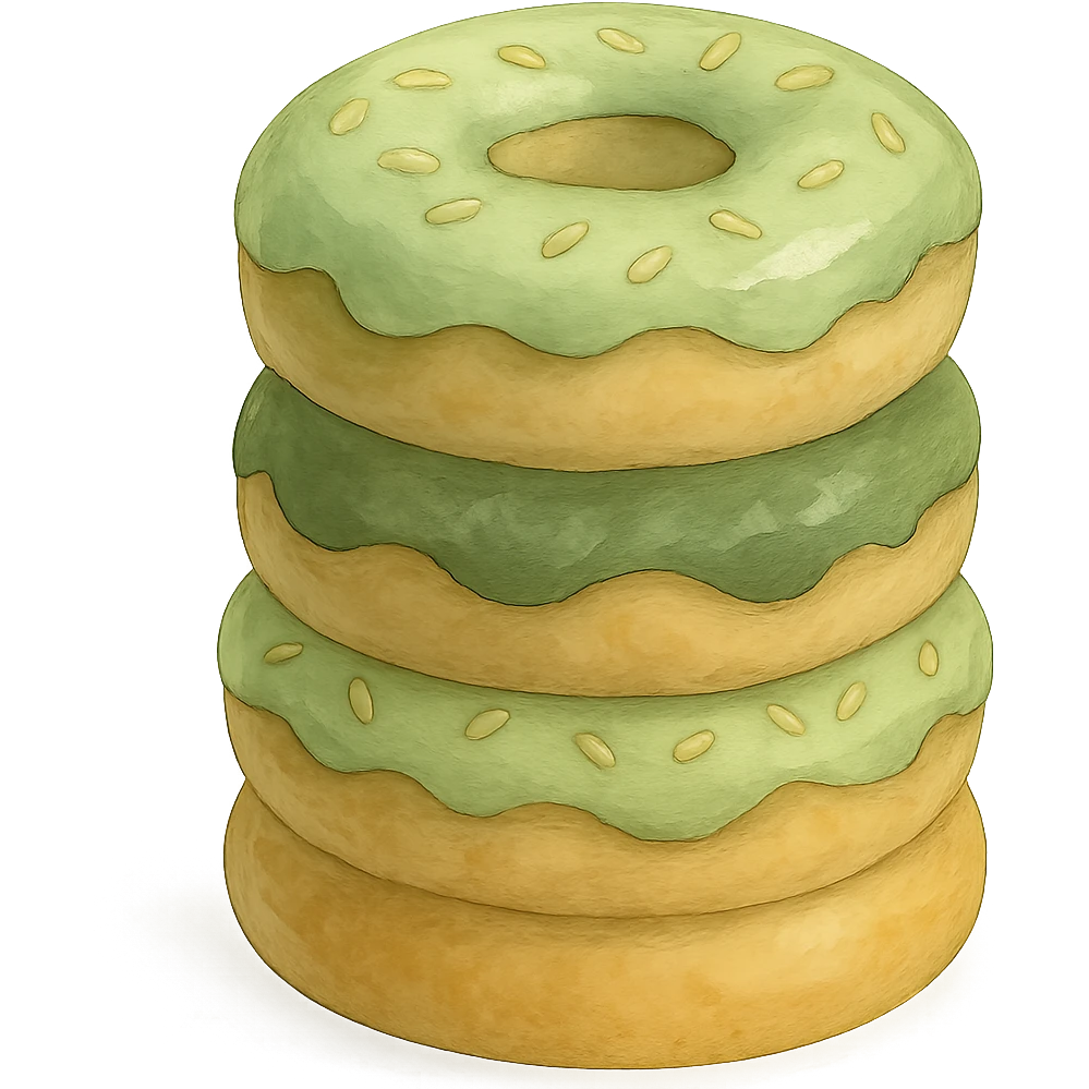 Stack of donuts in Ghibli style, detailed, soft green colors, with no background emoji