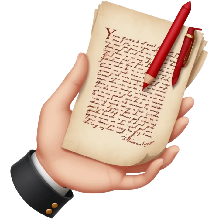 Minimalist emoji-style sticker of a pale hand signing a parchment contract titled “YOUR SOUL” in gothic font, muted red ink, grayscale background emoji
