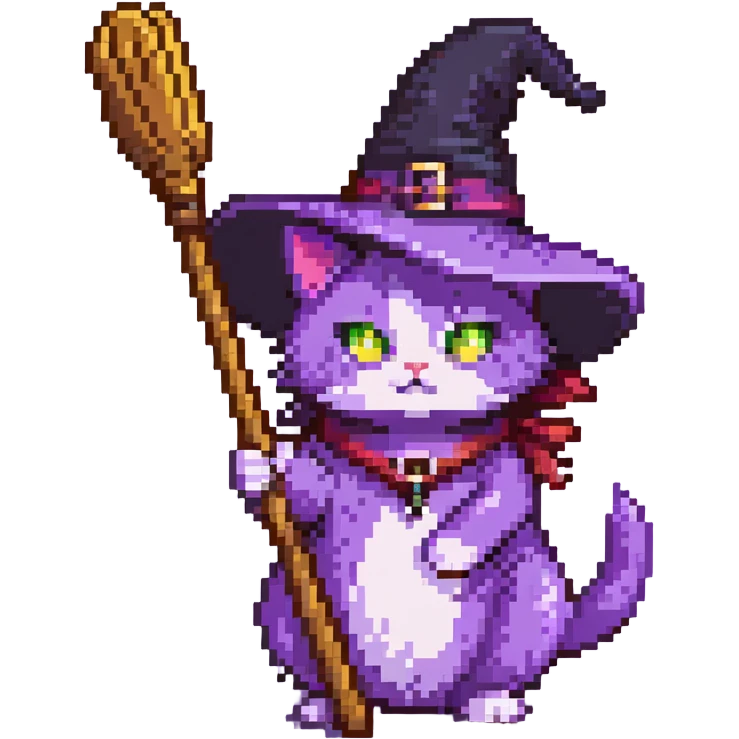 purple witch cat holding a broom emoji