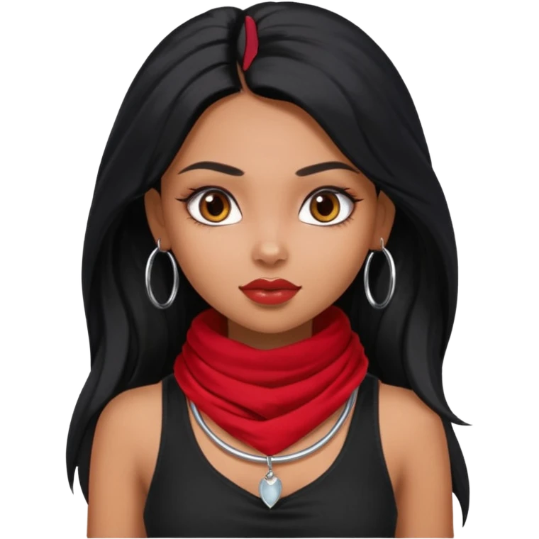 a pretty bratz dusky girl with long black hair, kajal under eyes, small silver hoop. black tank top on. Red scarf around neck emoji