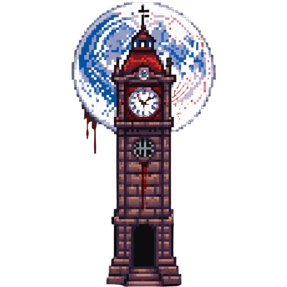 Haunted clocktower with red blood splattered on it, full moon background emoji
