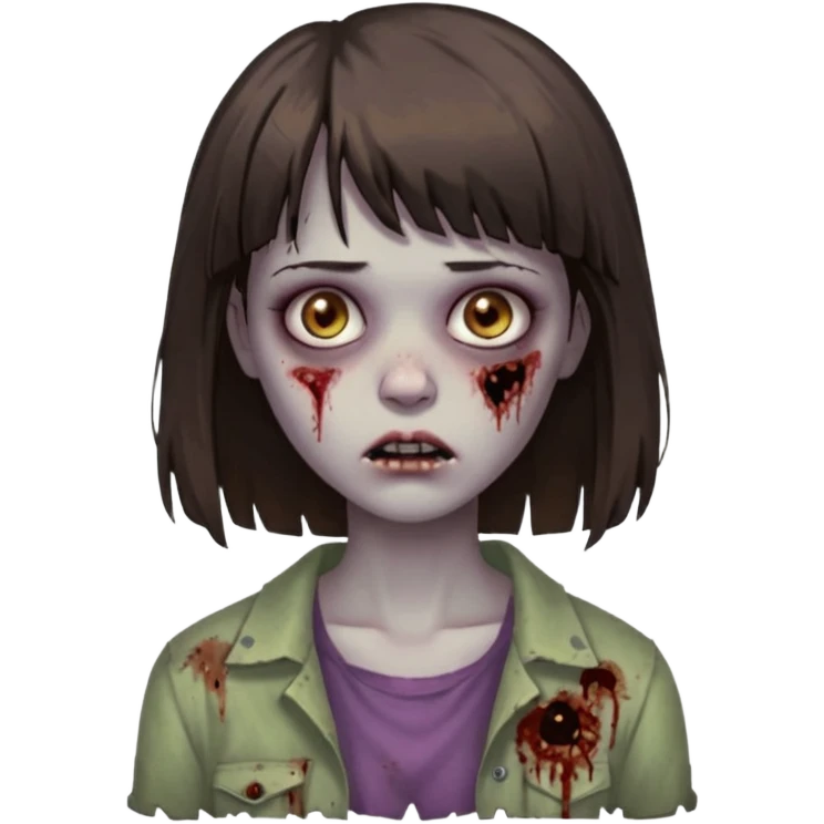 branca, olhos hazel, franjnha, pequenas sardas, cabelo castanho escuro, zoombie emoji