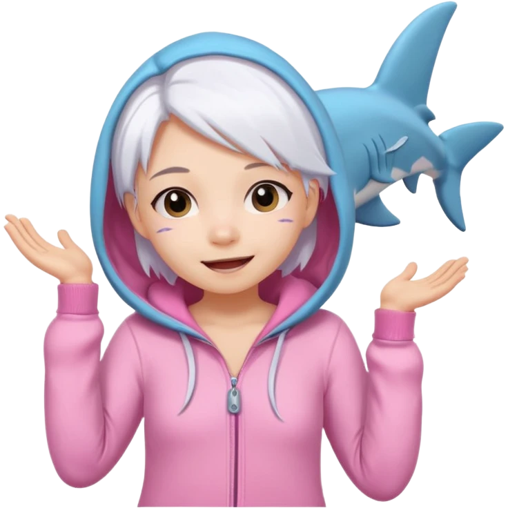 cute girl with white hair wearing a pink shark onesie, showing playful emotions emoji
