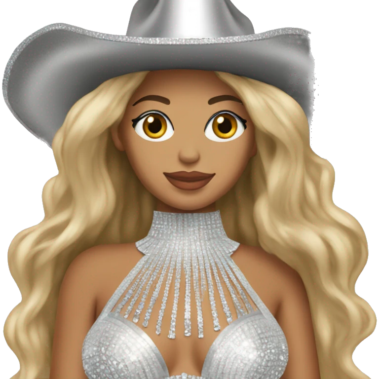 beyoncé in a silver crystal outfit wearing a silver crystal cowboy hat emoji