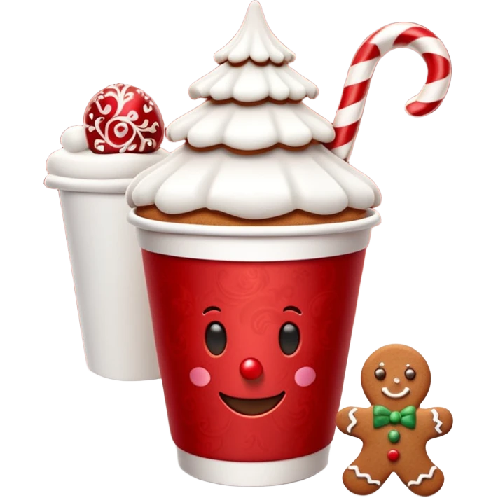 3D emoji of a festive paper cup from the Moscow Red Square Christmas fair. The cup features traditional Russian red and white ornaments. Steam is rising from the top, with a cinnamon stick and a small gingerbread man cookie peeking out. Glossy paper texture, soft 3D render, emoji