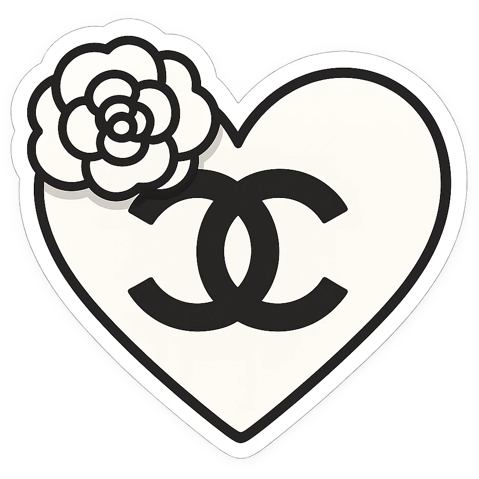 Chanel heart, cute, black and white, with a camellia flower, chibi stickers style emoji