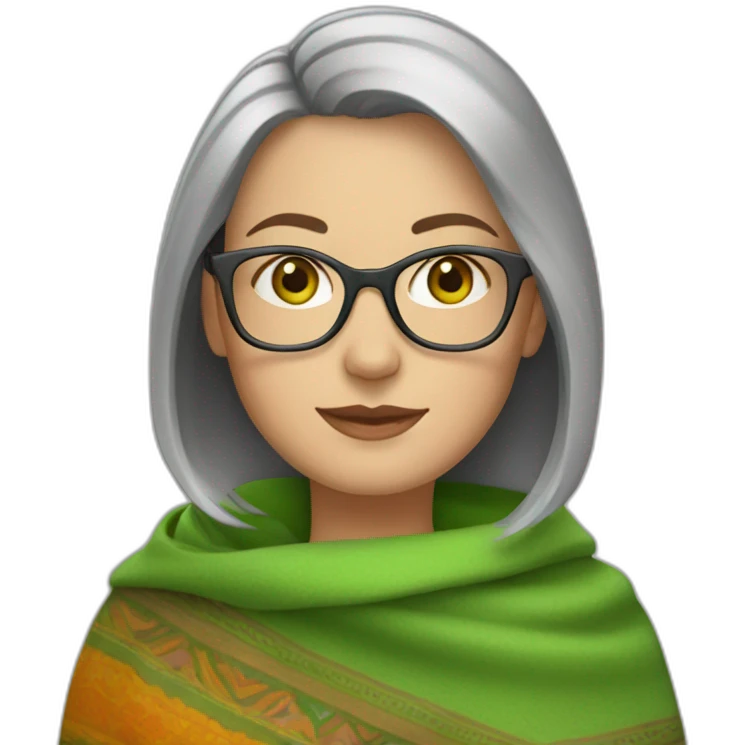 white-woman-with-gray-short-bob-green-eyes-and-brown-glasses-wearing-colorful-shawl emoji