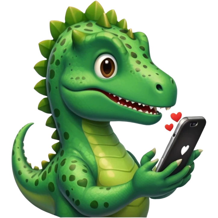 Dinosaur looking in phone with love in his eyes emoji