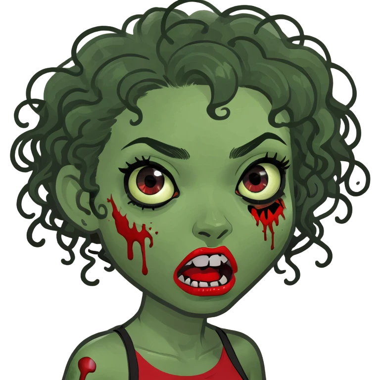 zombie girl with curly black hair and red streaks, memoji style, expressive face, zombie details emoji