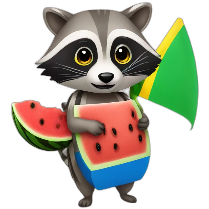 raccoon with a watermelon and the Ukrainian flag emoji