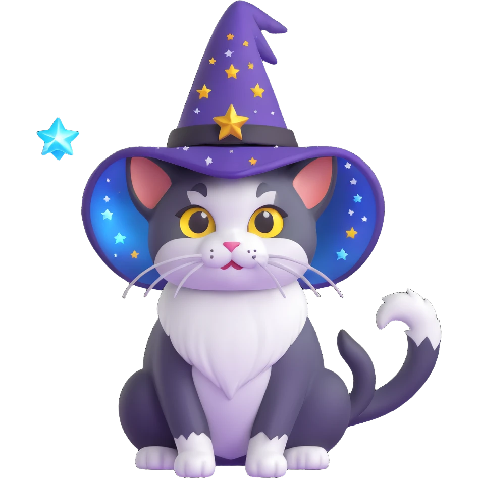 wizard cat with starry hat and magical aura emoji