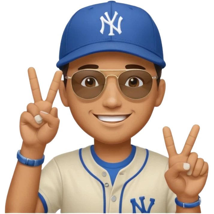 Cool hip guy with NY baseball cap and sunglasses doing a peace sign with one of his hands emoji