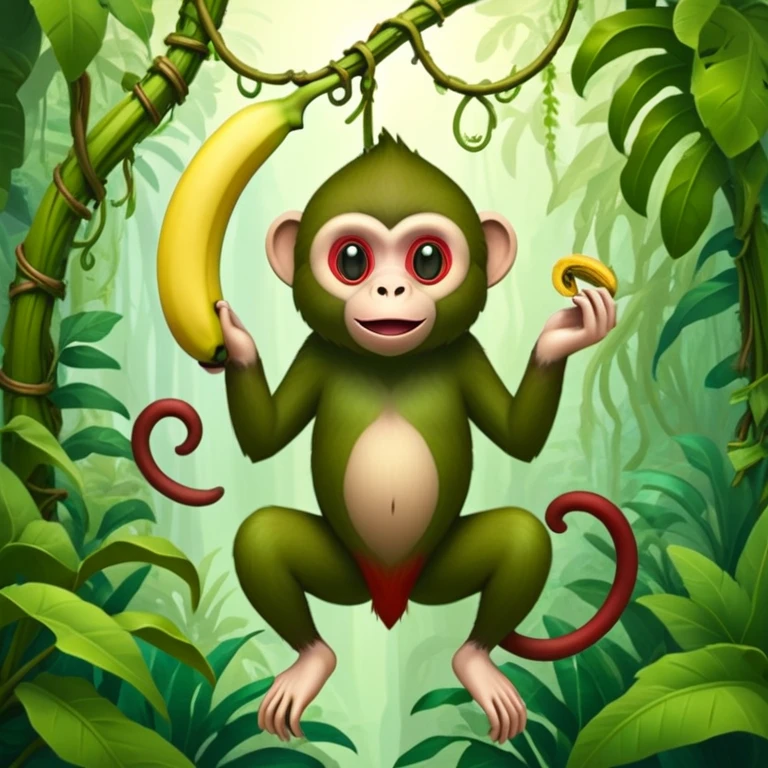 A surreal hybrid creature that is half monkey (top) and half banana (bottom). Green monkey with red facial features on top, and an opened banana peel forming the lower body. Set in a jungle with hanging vines and soft light filtering through trees emoji