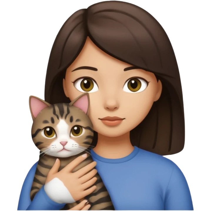 Brunette girl with light tan skin holding a fat black tabby cat emoji