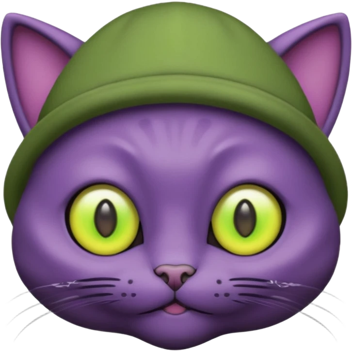 dark purple alien cat with no fur and yellow hat and big green eyes emoji