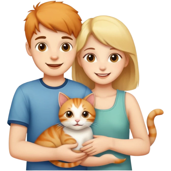 Happy boy and happy girl with a cat  emoji