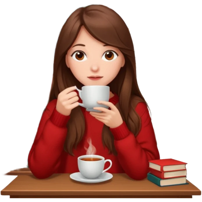 Read hair girl in red oversized sweater sipping tea with a stack of books beside her  emoji