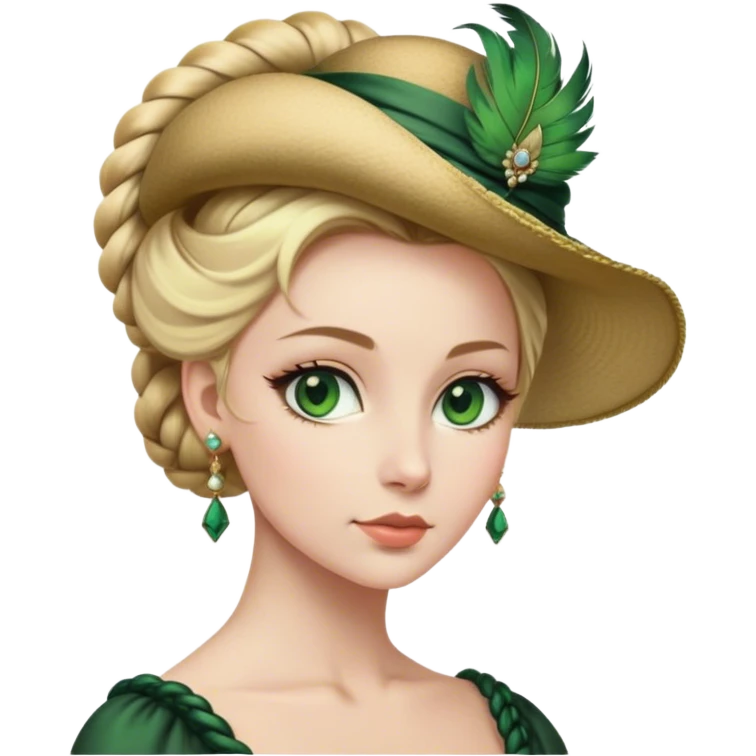 lady with Pale complexion, sharp features, high cheekbones, Blonde hair, usually styled in regancy braided updo, green eyes accessorized with a feathered hat,  emoji