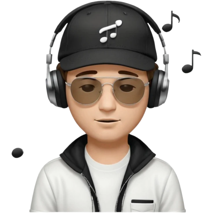dj man white with baseball cap - rayban Sun Glasses 80s - brown hair - closed eyes with headphones on with musical note over head (listening to music ) - eyes closed no glasses - black hat  musical notes floating around head -  emoji