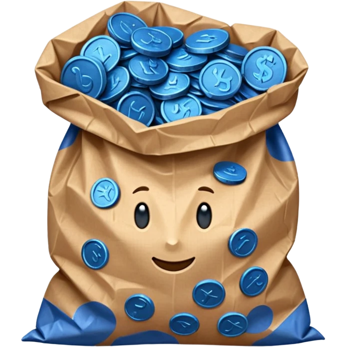 brown bag of blue coins emoji