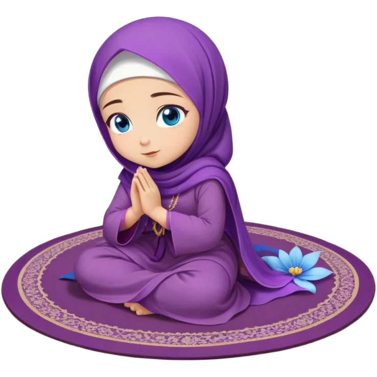 Turkish beautiful finish Konya girl blue eyes with purple flower hijab long tail dress and sits on the pray mat namaz on the ground with Islamic dua  emoji