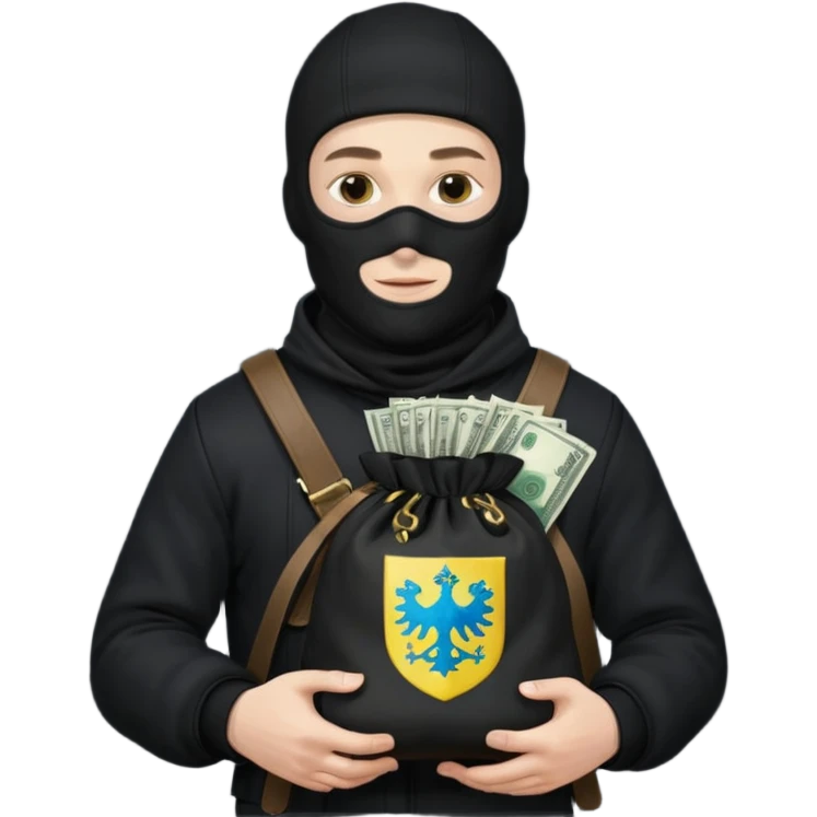 создай белого украинца в черное одежде и черной балаклаве с большим мешком денег с  гербом страны на нем  emoji