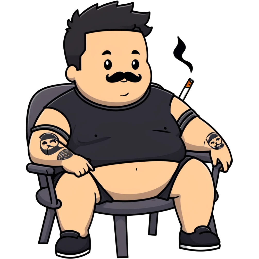 Overweight man sitting back in chair with legs spread, holding cigarette, exposed belly, round face, very short black hair (not bald), short beard with mustache, black t-shirt with light stripes on top, black shorts, arms covered in black line tattoo patterns on forearms and shoulders emoji