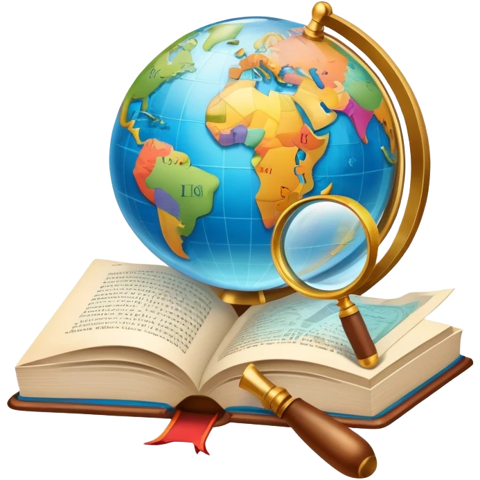 An icon featuring an open book, a speech bubble, and a magnifying glass, symbolizing philology and linguistics. The design includes language symbols, a globe, and alphabet letters, representing the study of languages and their structures. Transparent background  emoji