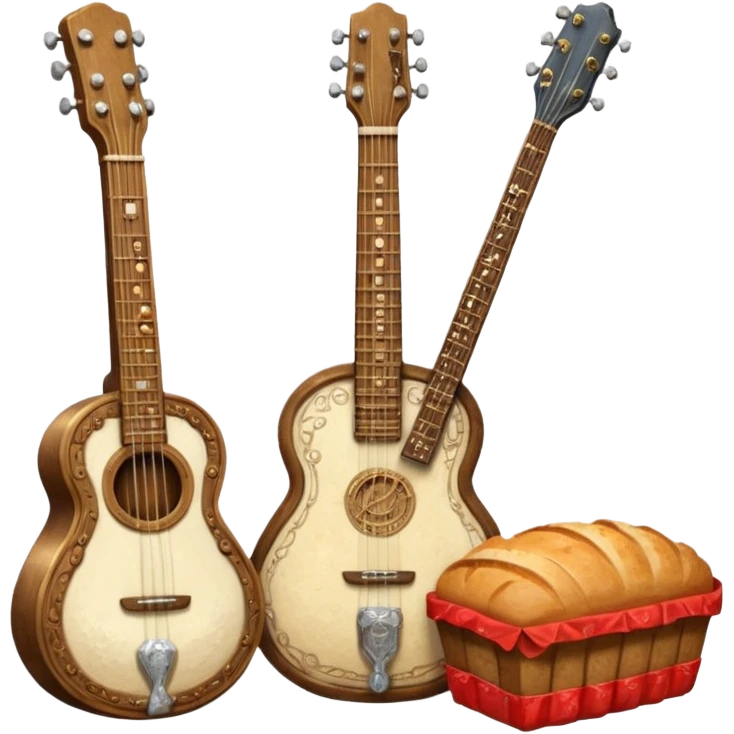 steampunk - a bottle of salt (salt shaker) and a loaf of peasant bread with a small electric guitar emoji