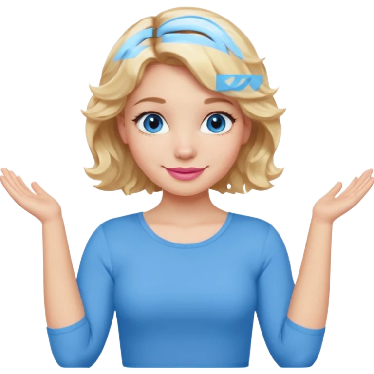 Girl Blonde short wavy hair,  blue eyes, cute blue top, long lashes, pink lips, smiling, making cross arms with arms  emoji