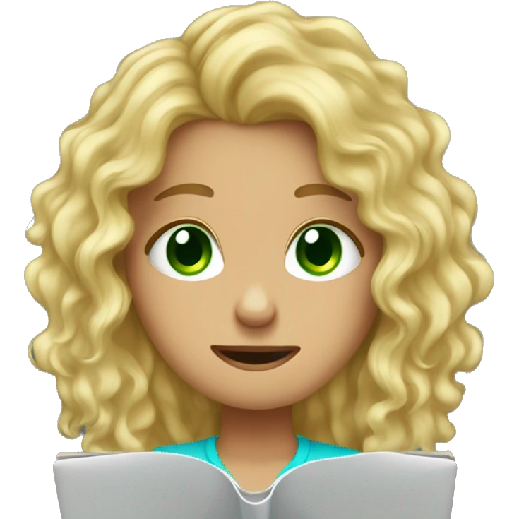 Long blonde curly hair green eyed girl working on laptop and crying  emoji
