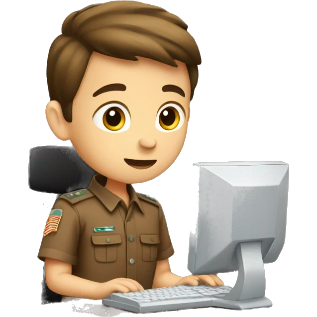a boy in a brown uniform using a computer emoji