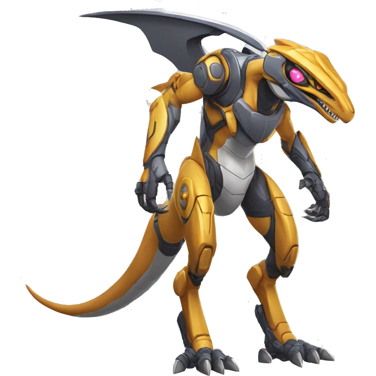Colorful Edgy Greymon-Velociraptor-Genesect-Fakémon-Pokémon wearing a with a futuristic visor-helmet And Mecha-suit Full Body emoji