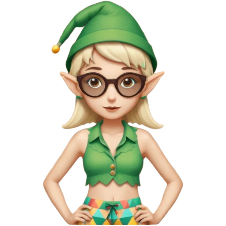 elf female legolas portrait, patterned board shorts (geometric/abstract), unique wooden-framed sunglasses, undercut hairstyle, slight smirk, visible pointy ears, no background, centered emoji, hipster summer vibe coctails with summer hat emoji