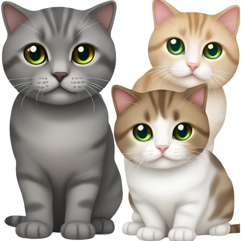Two Scottish fold cats one cat is brown and has green eyes the other cat is white and has blue eyes and it’s smaller  emoji
