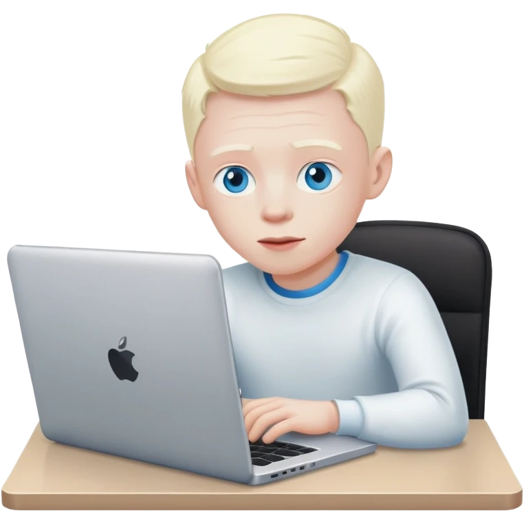 albino youtuber on laptop with desk with blue eyes emoji
