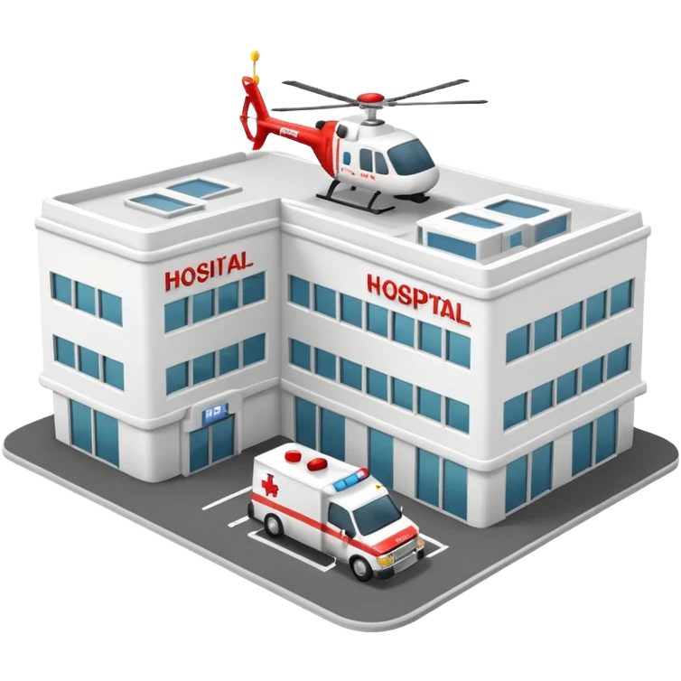 3d hospital outside, with text hospital, ambulance, helicopter , no background emoji