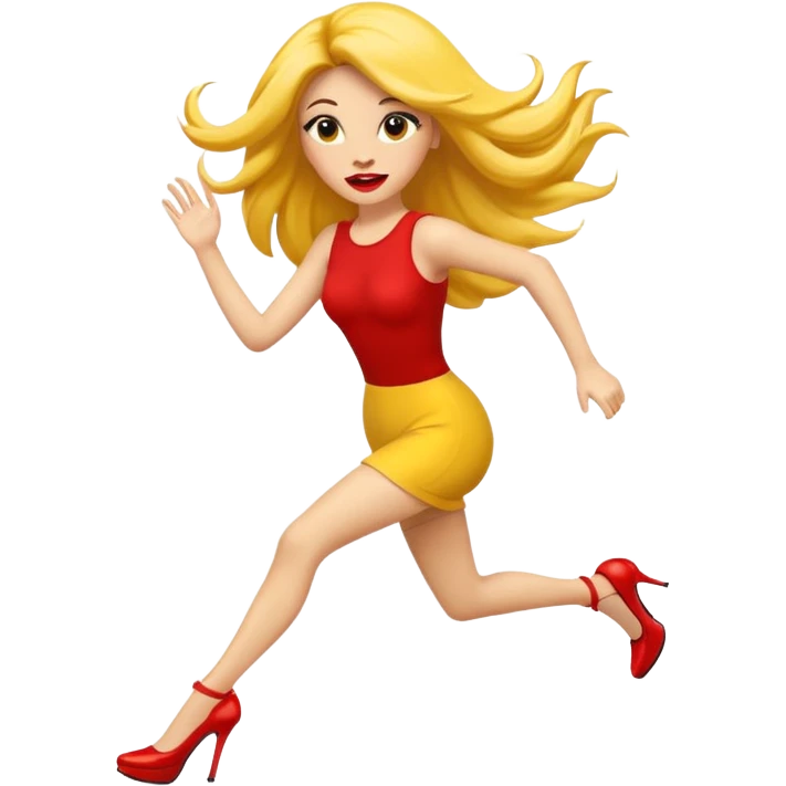 circular yellow traditional emoji with long fake lashes, big red lips, long hair, hovering feet in heels, running to the left emoji