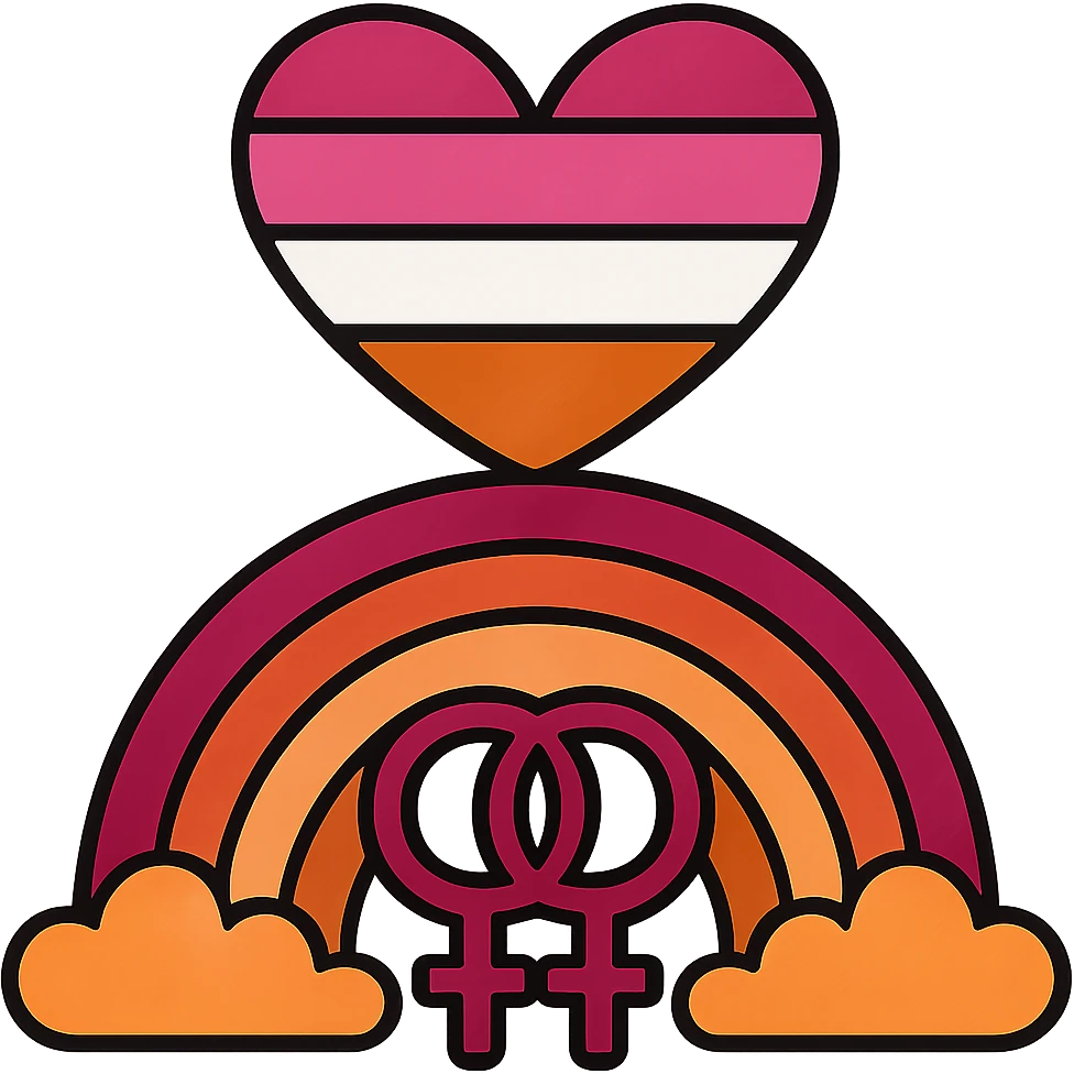 Make the rainbow design more explicitly lesbian by using the official lesbian pride flag colors (dark orange, orange, light orange, white, pink, dusty pink, dark rose). Add subtle lesbian symbols like double venus or interlocked female signs. Keep it bold and vibrant, no text, with no background. emoji