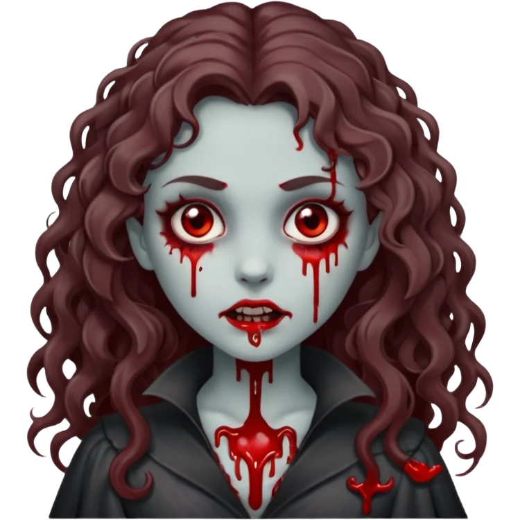 Vampire zombie girl with blood. Gray skin and long brown curly hair emoji