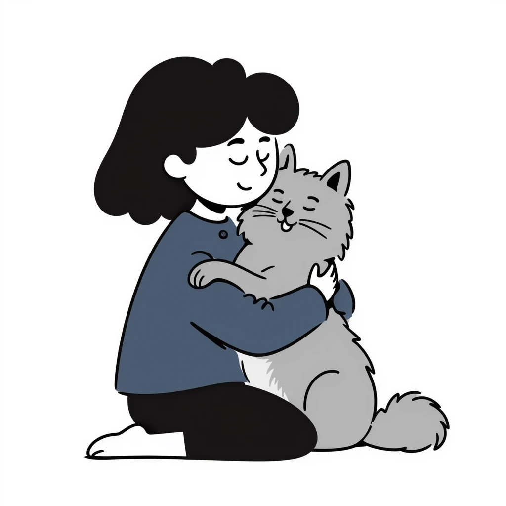 Brunette girl with dark blue sweatshirt snuggling a fluffy grey Siberian cat emoji