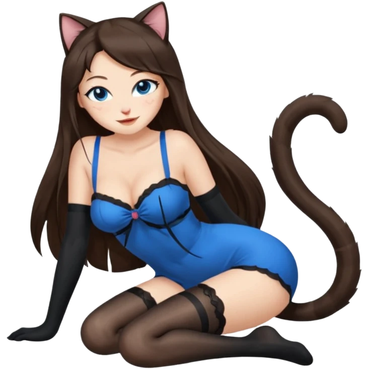 Buxom brunette super long hair intimate sfw blue eyes winking Asian black nylon stocking pose cat girl emoji