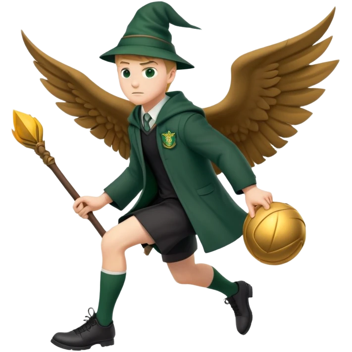 A muscular strong Slytherin student in final year without hat, sitting on a broomstick between his legs, chasing after a golden snitch emoji