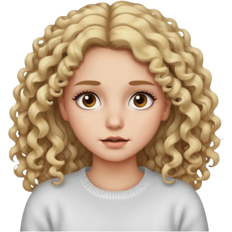 a dirty blonde girl with brown eyes and make her wearing a white sweater with curly hair and white skin color, long hair and big lashes emoji