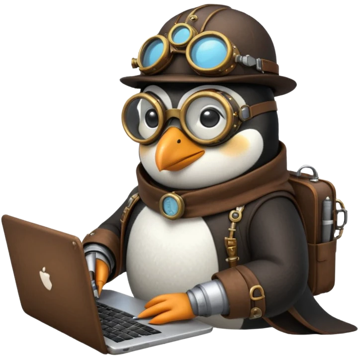 an steampunk engineer penguin writing code on a laptop emoji