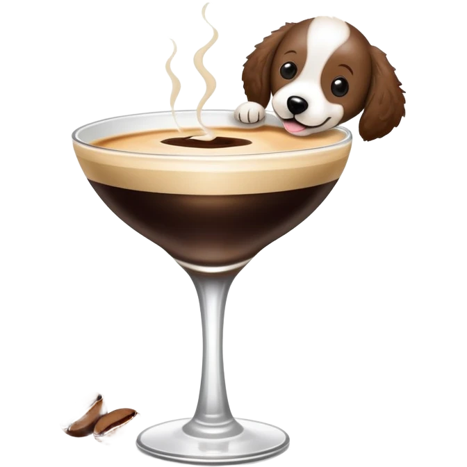 An espresso martini with three coffee beans and a doodle dog emoji