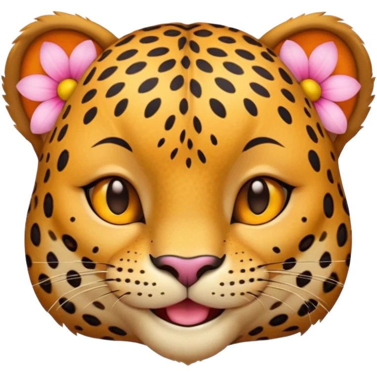 A leopard with smile and mouth closed, A pink flower with a yellow center is tucked behind its right ear
 emoji