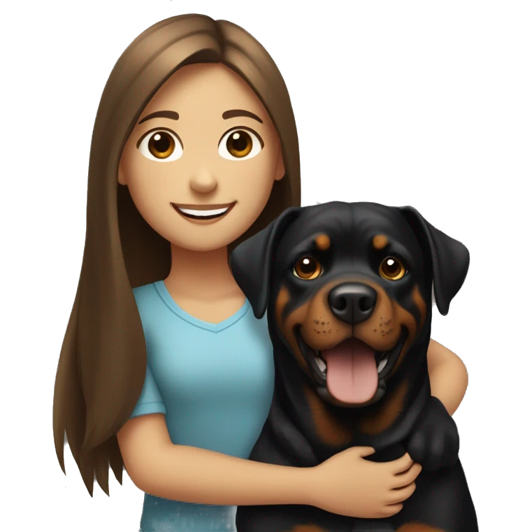 smiling fair skinned girl with long straight brown hair holding a rottweiler emoji